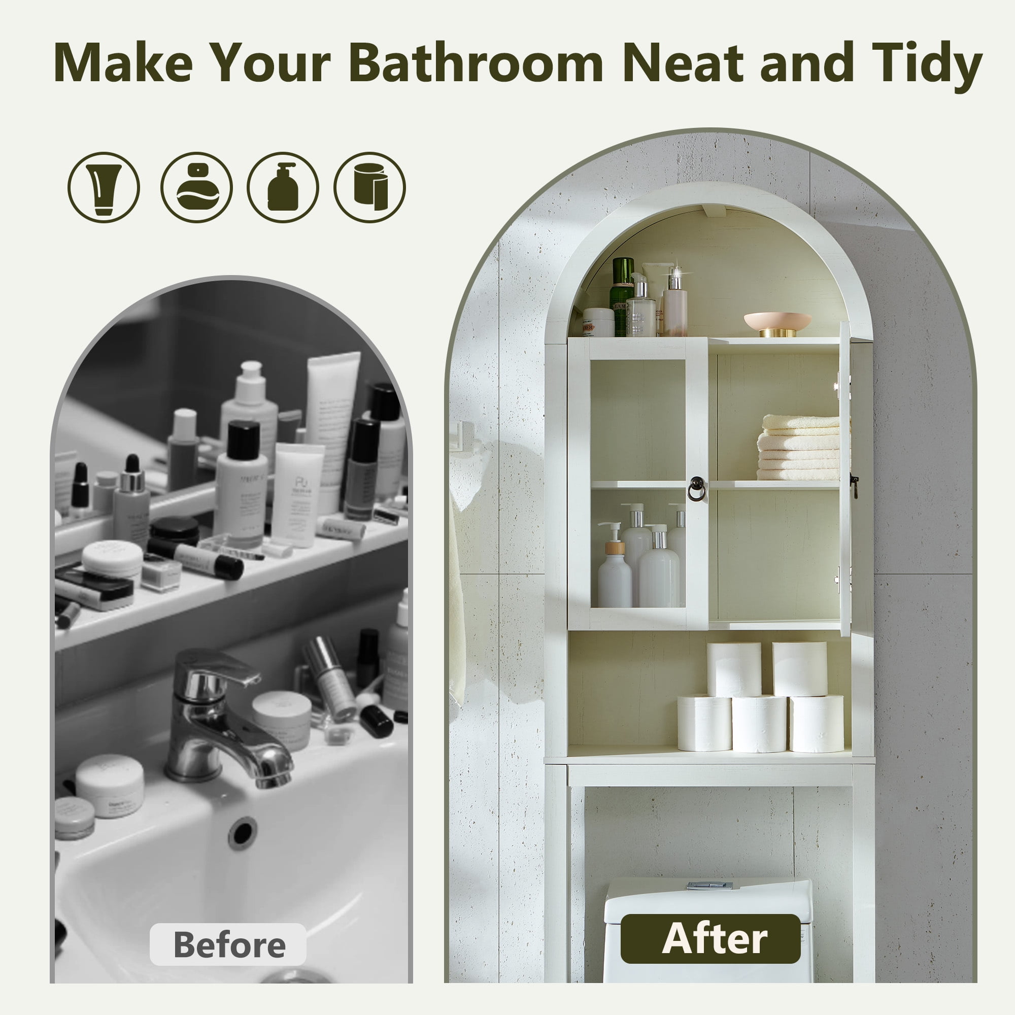SinCiDo Arched Over The Toilet Storage Cabinet, Modern Bathroom Shelf Over Toilet with Acrylic Doors, Wooden Bathroom Space Saver Organizer above Toilet with Adjustable Shelf