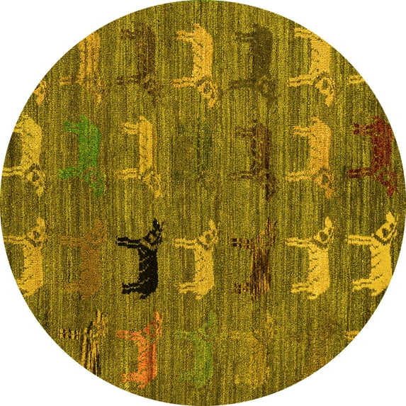 Ahgly Company Machine Washable Indoor Round Abstract Yellow Modern Area Rugs, 8' Round