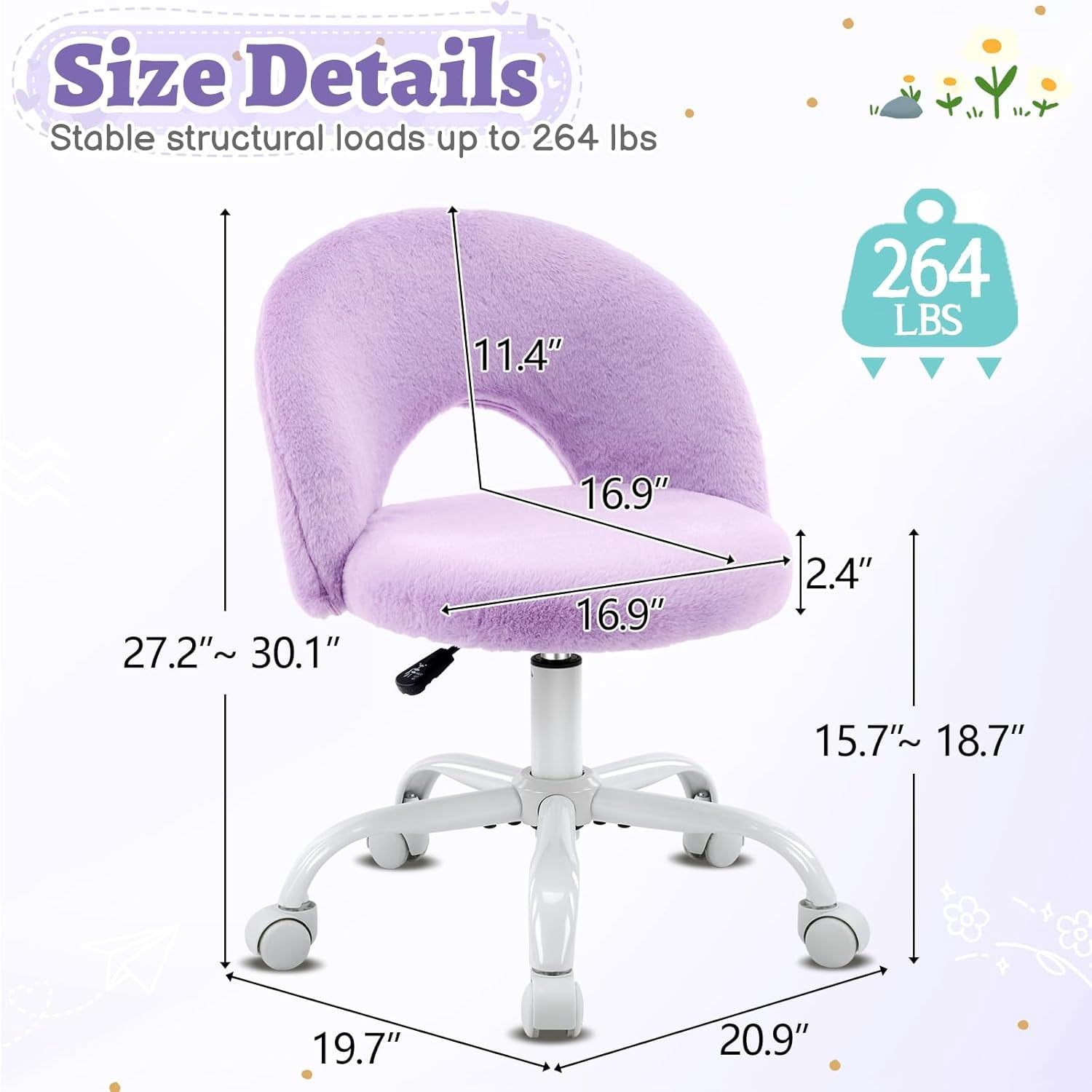 VINGLI Small Vanity Chair with Wheels for Girls.Cute Modern Adjustable Height Armless Office Desk Chair.360°Swivel Comfy Rolling Chair for Study, Make up Room,Small Space,Linen White