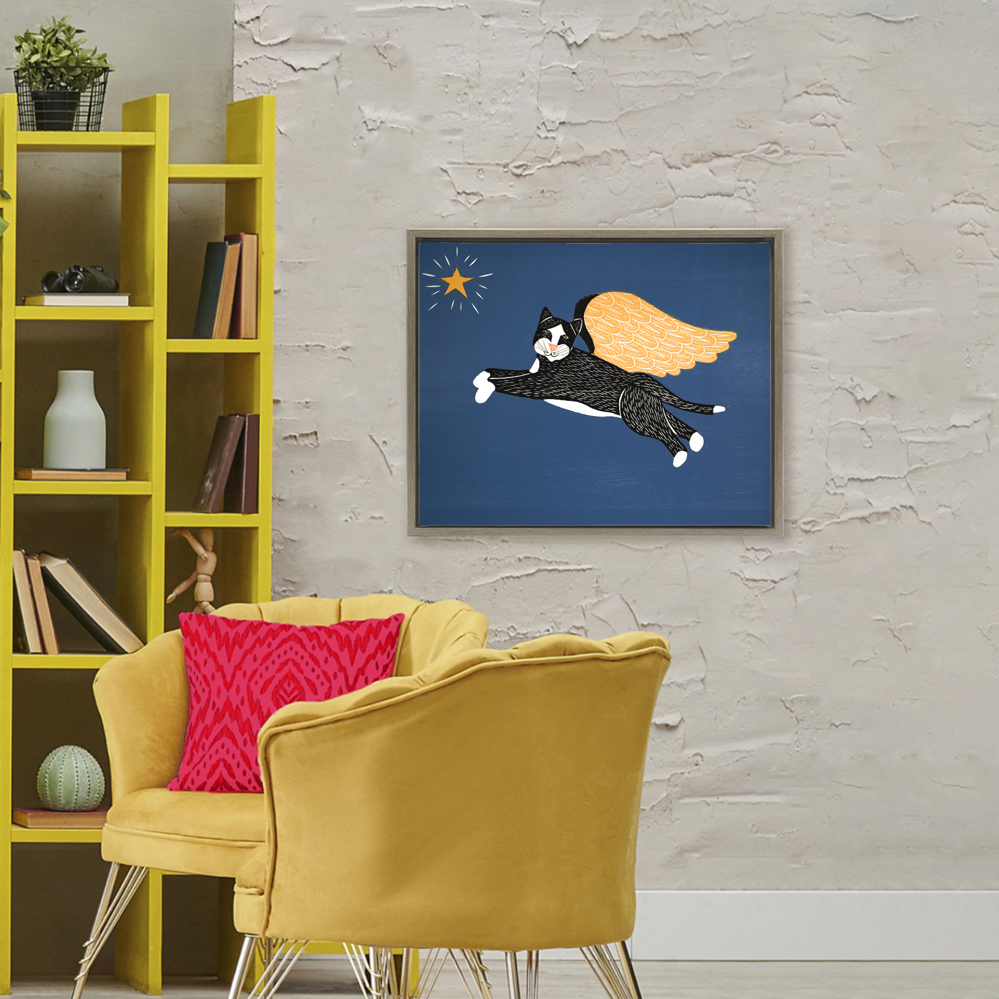 Angel Cat with Star Brown Framed Floater Canvas Wall Art, design by Stephen Huneck