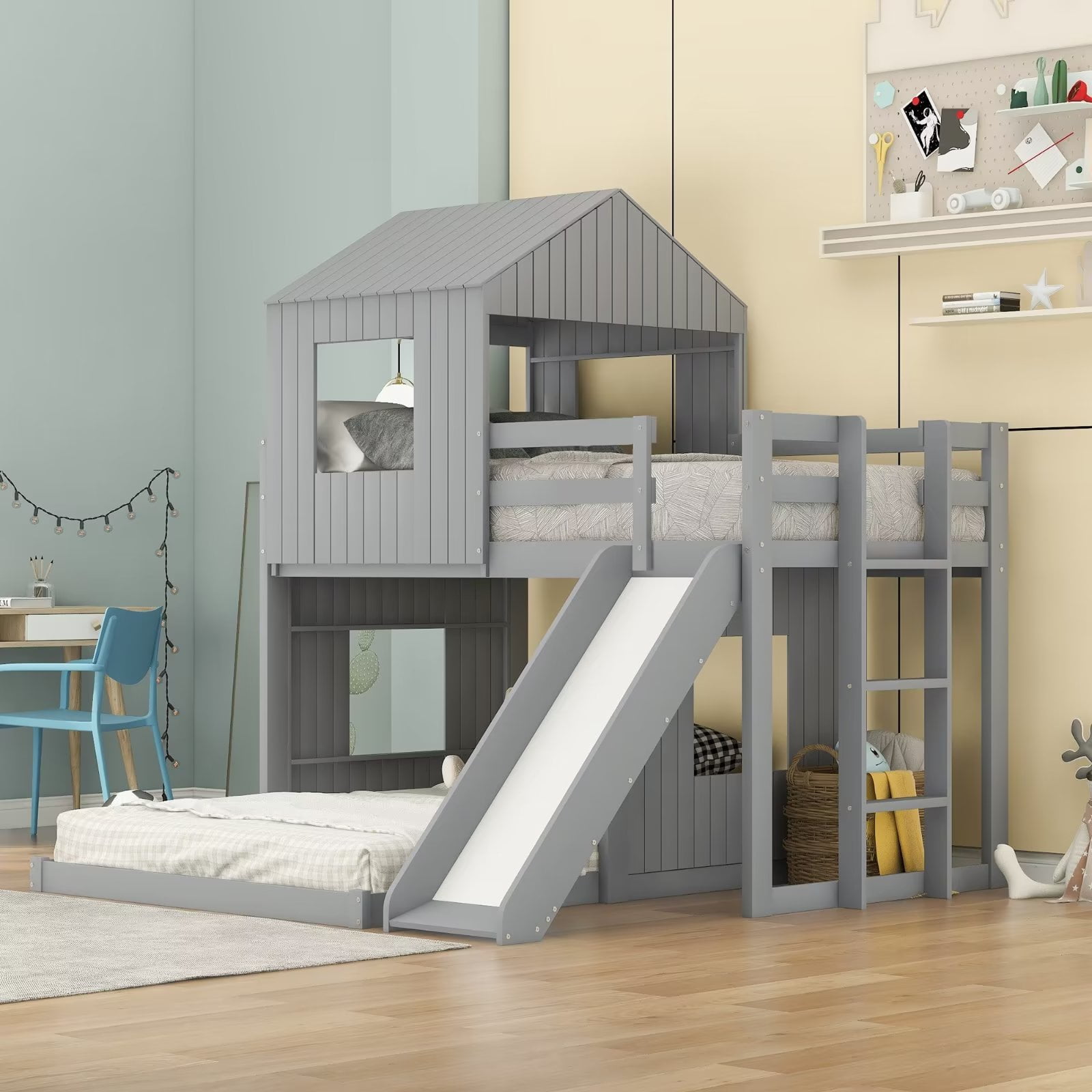 Twin Over Full Bunk Beds With Slide For Kids, Wooden Loft Bed Playhouse Bed  Frame With Ladder And Safety Guardrails, Modern House Bed With Bottom Floor  Bed For Boys Girls, Gray -