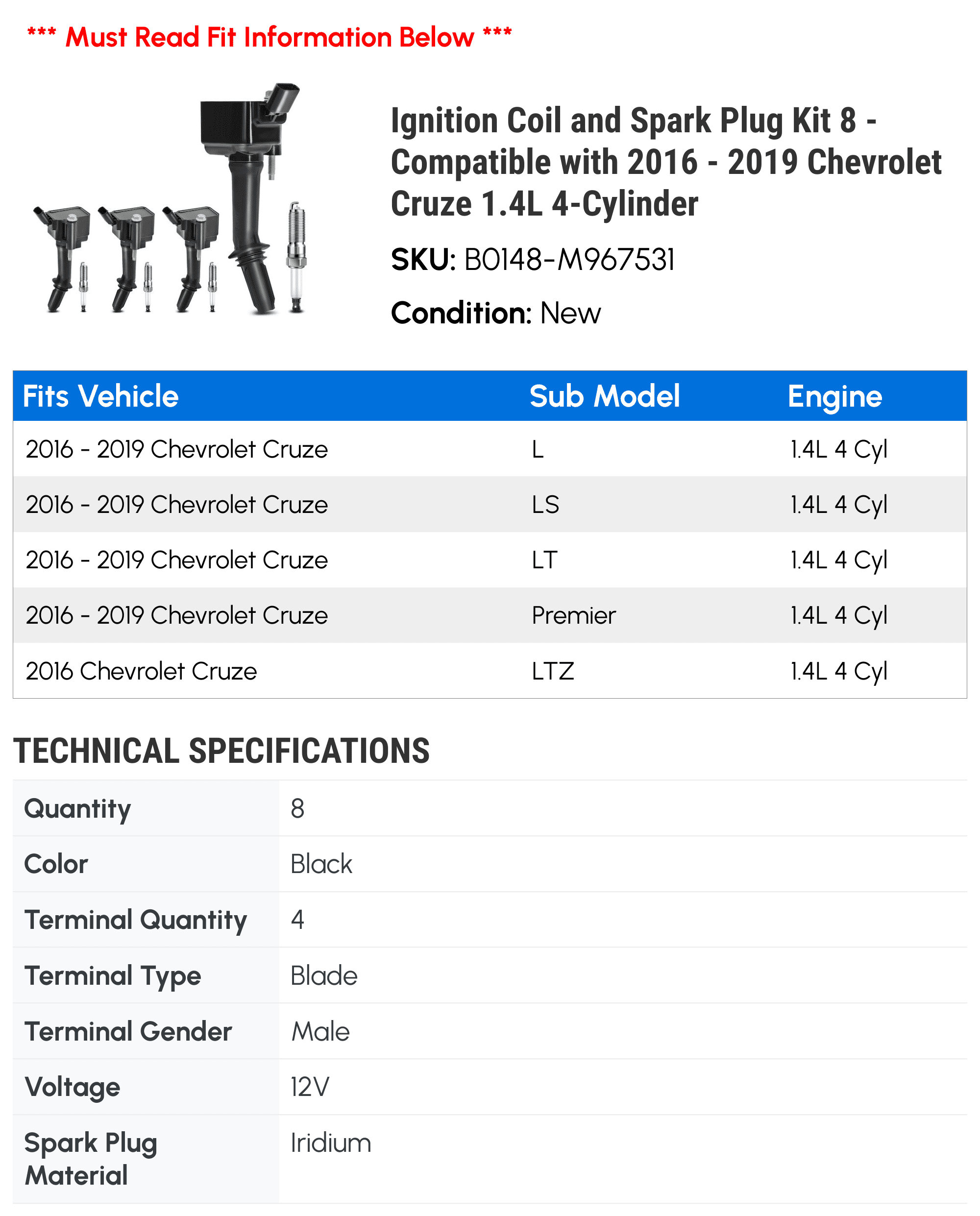 Ignition Coil and Spark Plug Kit 8 - Compatible with 2016 - 2019 Chevrolet Cruze 1.4L 4-Cylinder - Autopart Premium