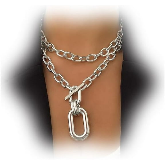 HLSOHJP Women Choker Necklace Gold Silver Chunky Thick Metal Necklace Chain Layered Punk Necklace