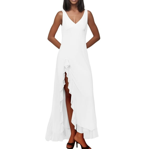 Vestido largo sexy sin mangas con cuello en V y volantes en el bajo para mujer - Vestido de cóctel con abertura alta en la espalda, corte ajustado, tejido elástico, tallas S-L