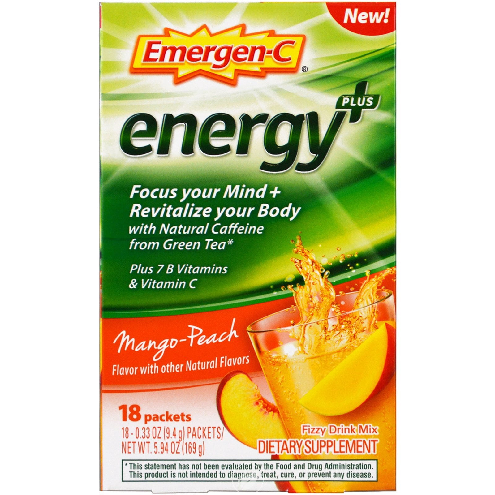 Alacer EmergenC Energy + Mango Peach 18 Ct, Pack of 2