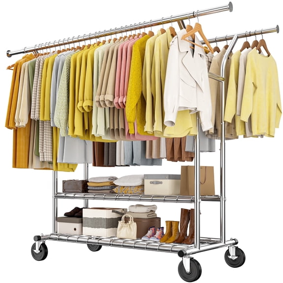 EnHomee Heavy Duty Clothes Rack Double Rod Adjustable Rolling Garment Rack with 2-Tier Storage Shelves,630 lbs Capacity