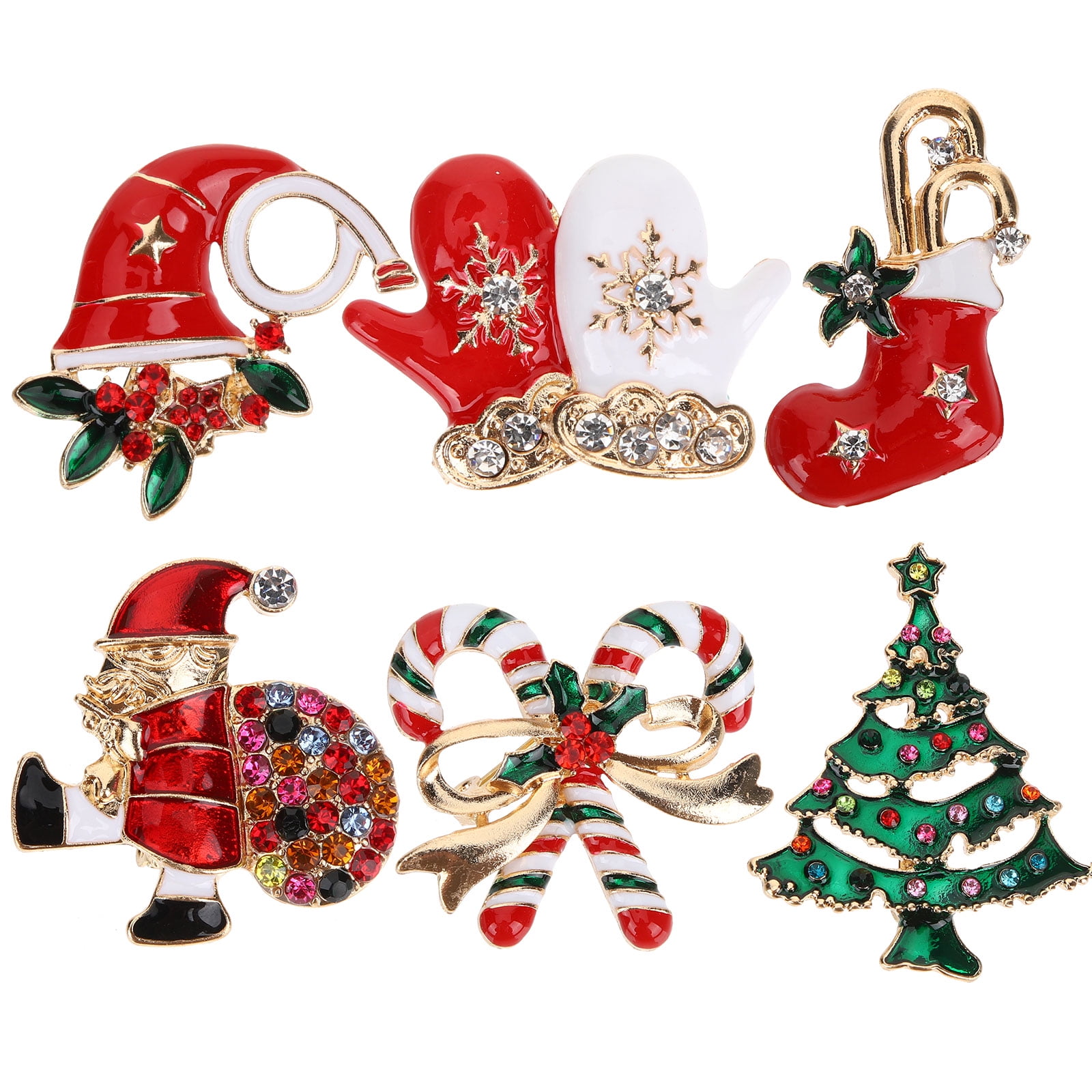 6Pcs Christmas Brooch Pins Set Rhinestone Crystal Christmas Element Pins Clothes Lapel Pins