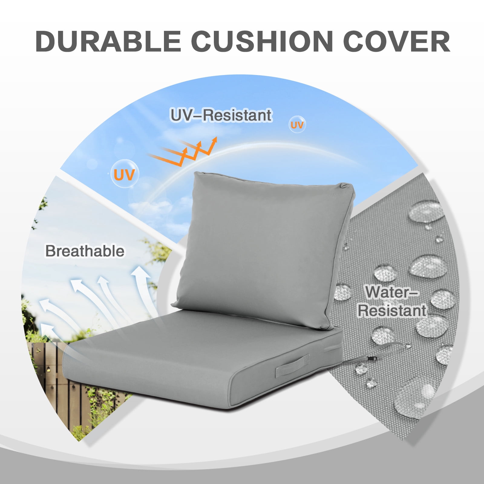 Aoodor Outdoor Chair Cushions Set, 23"x26", Water Resistant Outdoor Deep Seat Cushions with Handle & Adjustable Straps, Gray