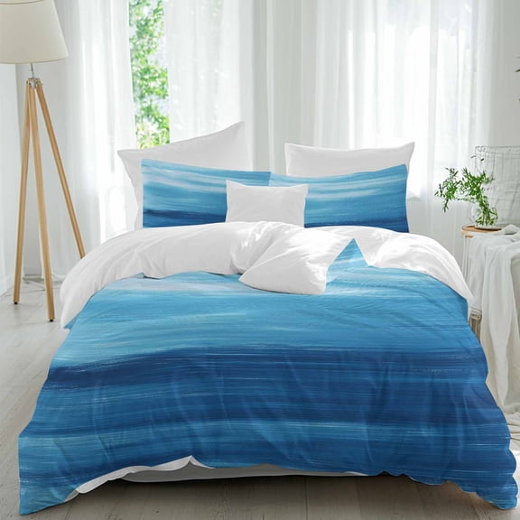 3 Piece Blue Ombre Coastal Duvet Cover Set Full Size, Microfiber Comforter/Quilt Cover with Corner Ties and 2 Pillowcases, Summer Gradient Ocean Wave All Season Soft Bedding with Zipper Closure