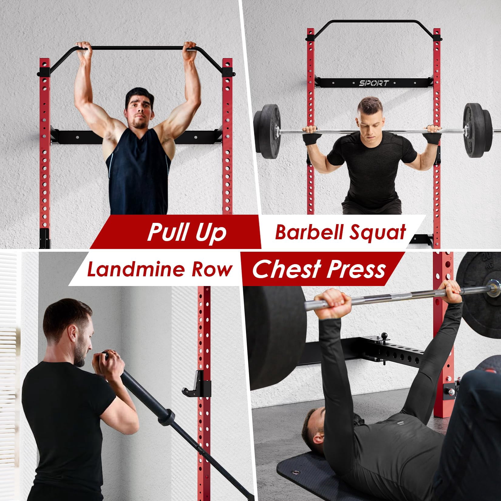 QinaQin Foldable Wall Mounted Squat Rack, 1000 Lb Capacity Home Gym Rack with Pull Up Bar, J Hooks and Landmine