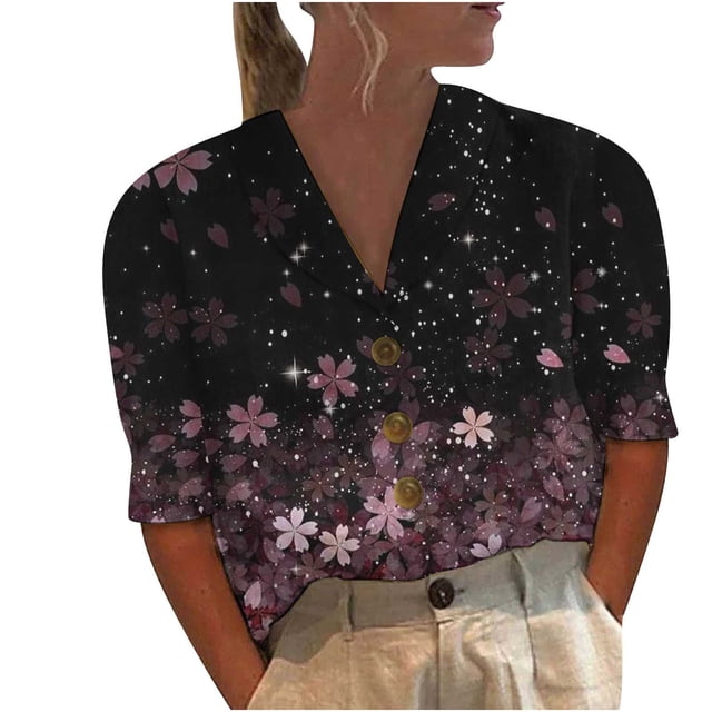 Blusa con botones sueltos con estampado de cuello en V informal de manga media para mujer OAVQHLG3B Store lin121212