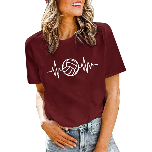 TSADFHJI Tops Hauts pour Femmes Manches Longues T-Shirts Décontractés Femmes T-Shirts de Volleyball Équipe Tee Graphiques de Volleyball Manches Courtes G Rouge