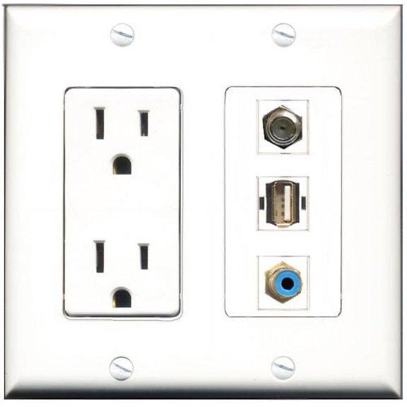 RiteAV - 15 Amp Power Outlet 1 Port RCA Blue 1 Port Coax 1 Port USB A-A Decorative Wall Plate