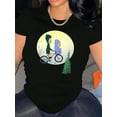 thumbnail image 1 of Cartoon & Moon Print Comfy T-Shirt, Round Neck Short Sleeve Sports Tee, Women's Activewear, 1 of 8