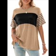 thumbnail image 2 of Blusas de Verano para Mujer, de Gran Tamaño, con Cuello Redondo, Informales, A Rayas y Bloques de Color, Color Caqui, Talla XL, 2 of 9