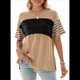 thumbnail image 2 of Blusas de Verano para Mujer, de Gran Tamaño, con Cuello Redondo, Informales, A Rayas y Bloques de Color, Color Caqui, Talla L, 2 of 9