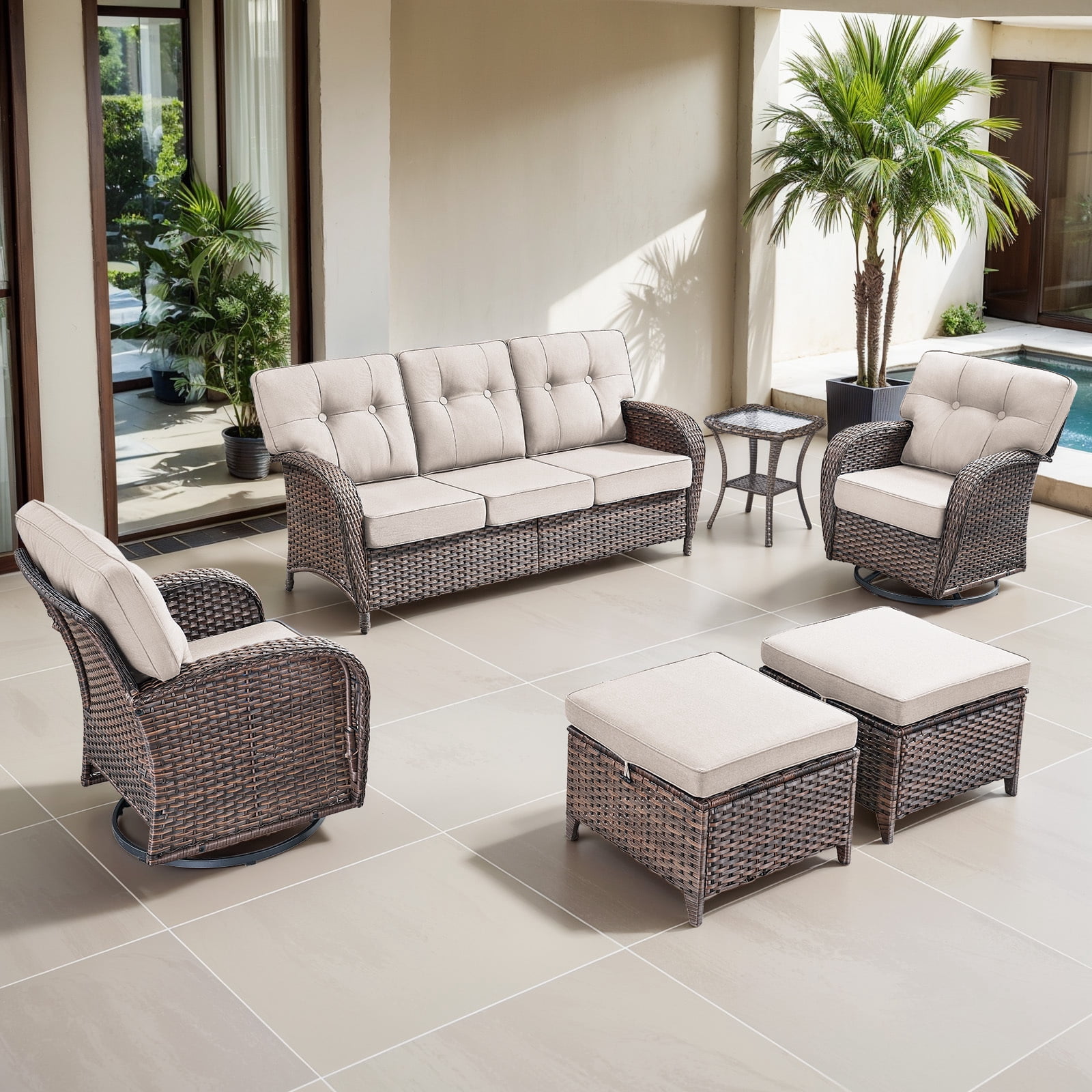 Bellefurn Luxury 6 Piece Outdoor Patio Wicker Furniture Sets with Swivel Rocker Patio Chairs,Sofa and Ottomans,High Back Outdoor Conversation Set for Porch Balcony Deck