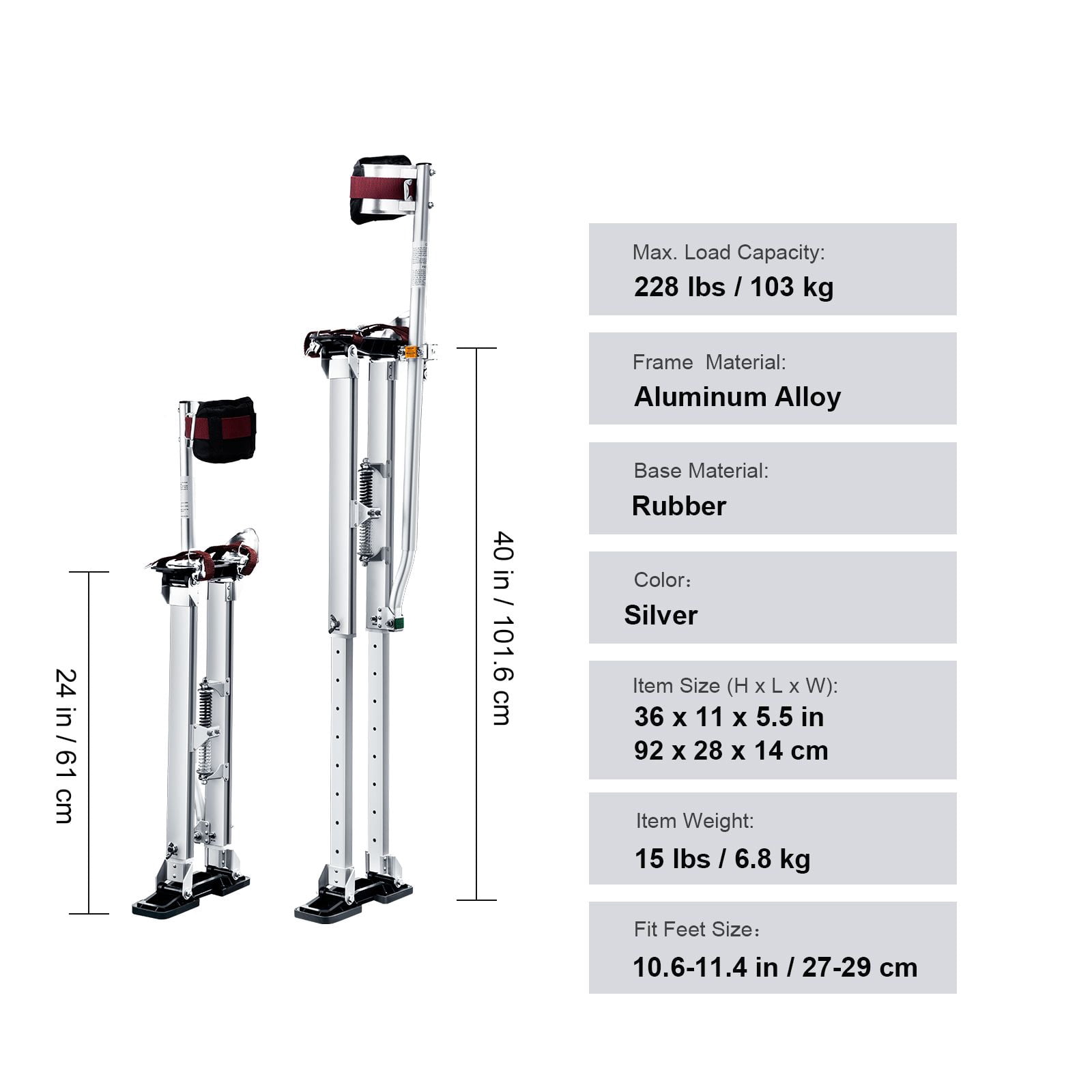 Drywall Stilts, 24''-40'' Adjustable Aluminum Tool Stilts with Protective Knee Pads, Durable and Non-slip Work Stilts for Sheetrock Painting, Walking, Taping, Silver
