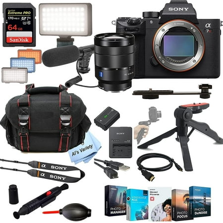Sony Alpha a7RIII A New Model Mirrorless Digital Camera with 24-70mm f/4 Lens Kit+ Shot-Gun Microphone + LED Always on Light+ 64GB Extreme Speed Card Gripod Case and More 30pc Video Bundle