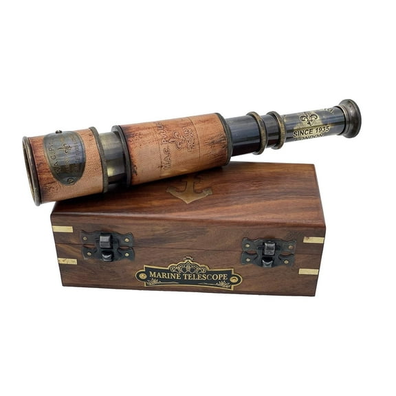 Telescope Maritime Sailors Masterpiece with Wooden Box Nautical 14" inches Handheld Brass Spyglass Marine Telescope Nautical Pirate Scope.