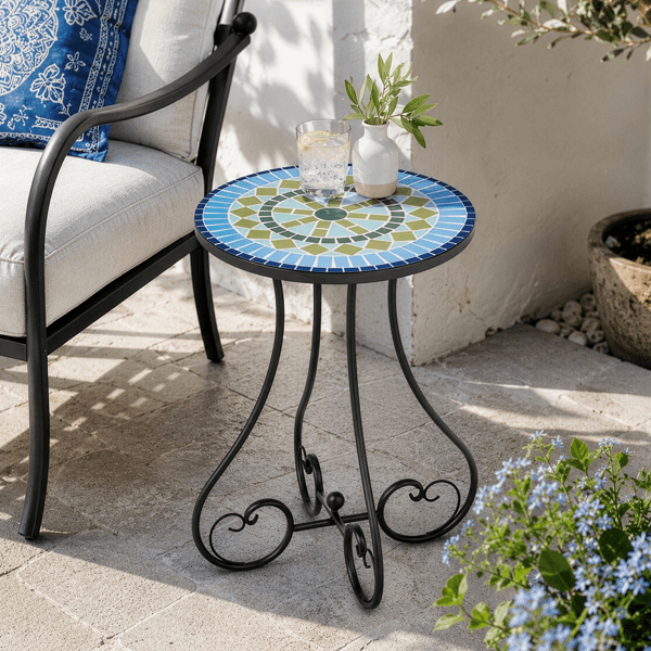 14 inch Side Table, Round Iron Top with Butterfly Legs, Indoor Outdoor Accent End Table, Mediterranean Blue-Green Mosaic