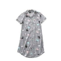 SWSMCLT Women's Short Sleeve Nightgown Cute Button Up Sleep Shirt Sleepwear Cotton Knee Length Nightshirt Summer Grey Owl 3X-Large