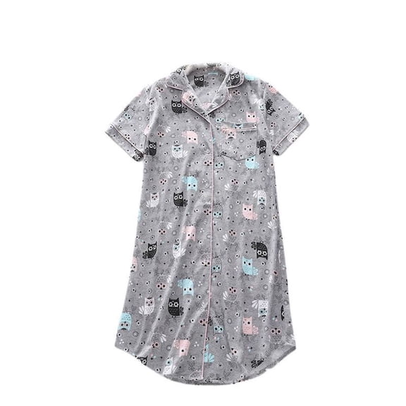SWSMCLT Women's Short Sleeve Nightgown Cute Button Up Sleep Shirt Sleepwear Cotton Knee Length Nightshirt Summer Grey Owl Medium