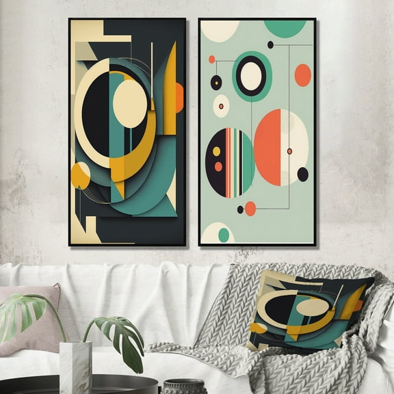 Designart "Retro Dimensions of the Mid-century Era I" Modern Midcentury Framed Wall Art Set Of 2 - Mid-Century Blue Frame Gallery Set For Office Decor