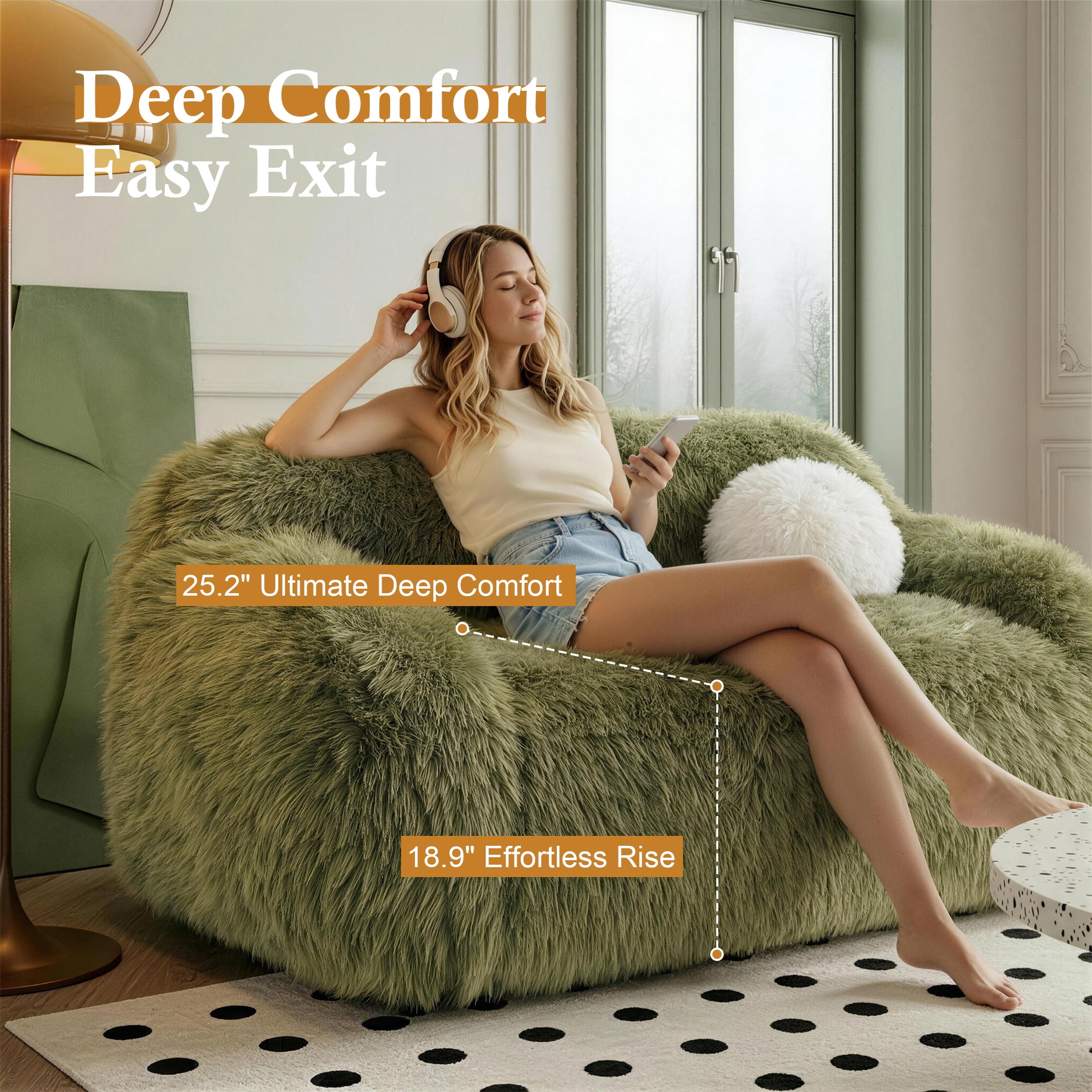 Aukfa 84" Comtemporary Plush Faux Fur Sofa, Pet-Friendly Couch for Living Room, 25" Deep Seat, Green