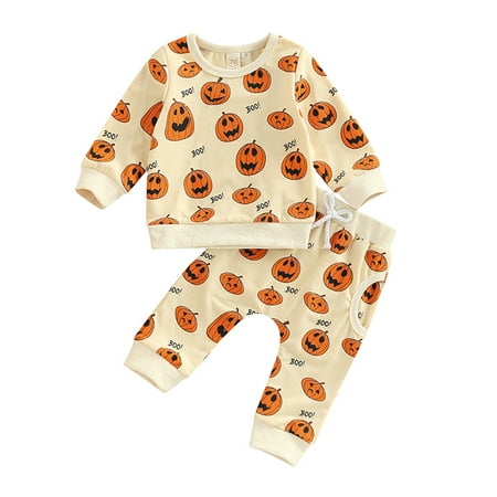 

Toddler Baby Boys Girls Fall Outfit Kids Halloween Pumpkin Pullover Sweatshirt Top Shirt+Pants 2pcs Set