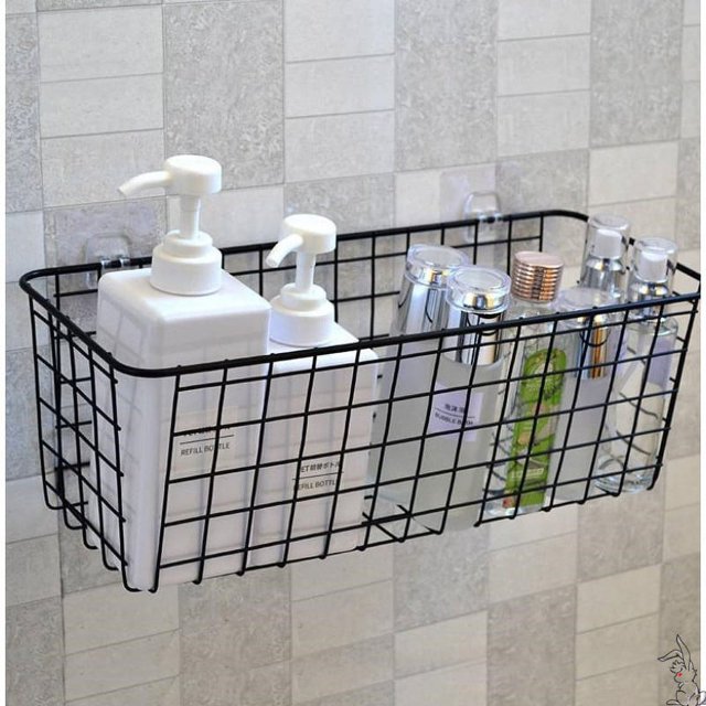 Cocina sin perforaciones Baño Inodoro Cesta de almacenamiento para colgar en la pared Dormitorio Mesita de noche Cesta colgante Estante de pared de hierro forjado Negro brillar Electrónica