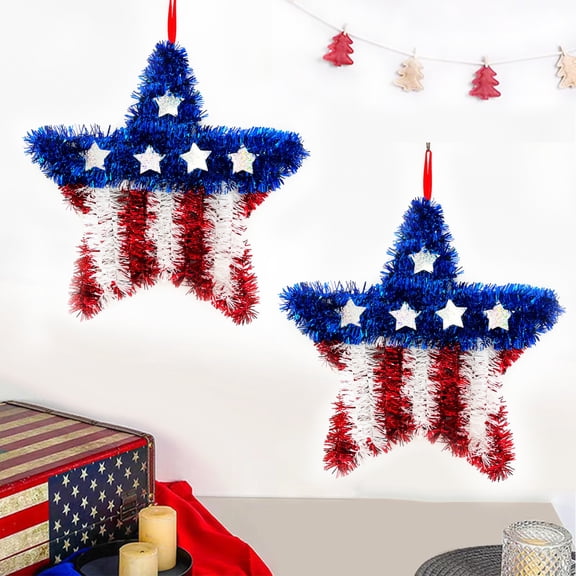 4Th of July Hanging Decorations, Red White and Blue Decorations, 11*11in Five-Pointed Star, Red Tinsel Blue Tinsel White Glitter, Front Door Hanging Decor, Independence Day,