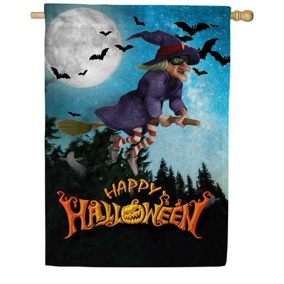 America Forever Halloween Witch House Flag Double Sided Vertical 28 x 40 inches Happy Halloween, Broom, Witch, Witches Hat, Full Moon, Bats House Flag for Outdoor Decoration Fall Season