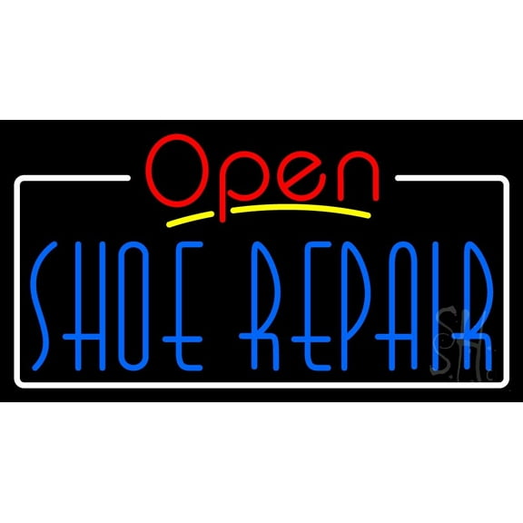 Blue Shoe Repair Open White Border LED Neon Sign 13 x 24 - inches, Black Square Cut Acrylic Backing, with Dimmer - Bright and Premium built indoor LED Neon Sign for store interior Décor, Storefront.