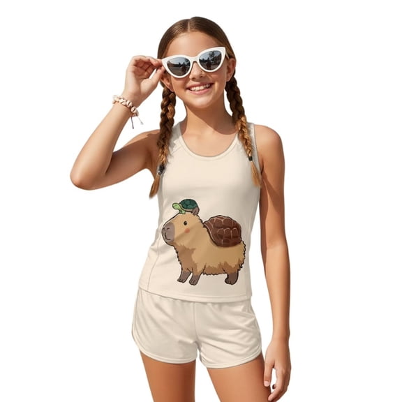 POLERO Kids Swimsuits for Girls Cute Two Piece Tankini Turtle Capybara Print Bathing Suits Set Sun Protection Quick Dry Swimwear for Beach Pool Seaside Size 6-15 Years