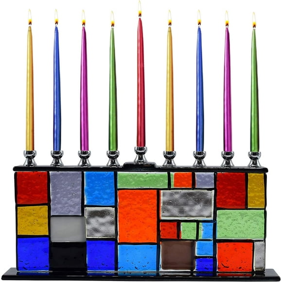 Ner Mitsvah Bougie en Verre Menorah - Compatible avec Toutes les Bougies Chanukah Standard - Fait Main ‘‘Mains Unité‘ Bougie Peinte en Verre Hanukkah