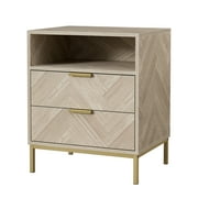 Industrial Small Accent Side Table with Drawer, Open Shelf, Herringbone Pattern Wooden Storage Cabinet, Oak H0103