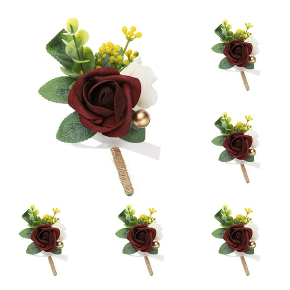 6pcs Burgundy Boutonnieres for Men, Artificial Flower Pocket Corsage for Wedding Party