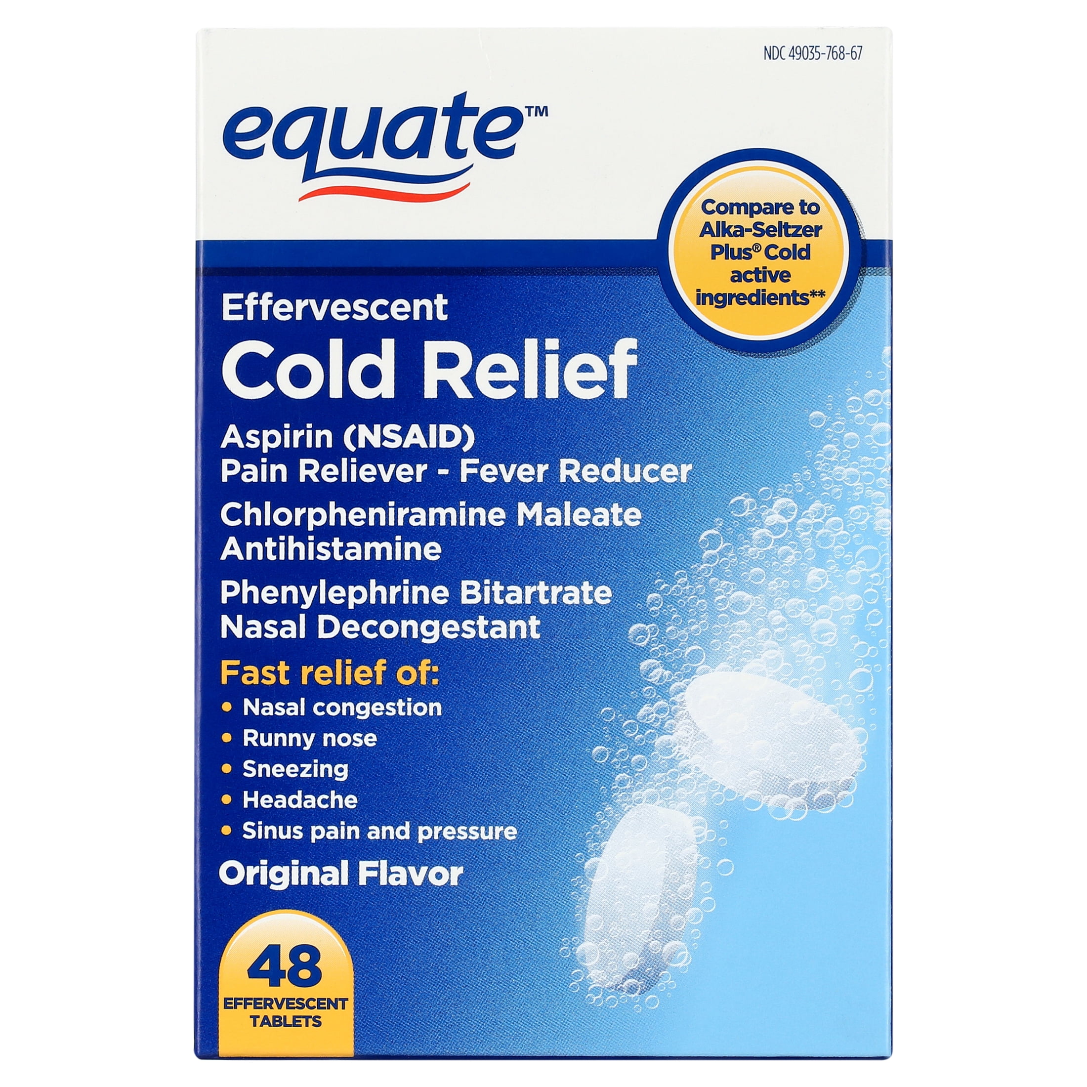 (3 pack) Equate Effervescent Cold Relief, 48 Tablets, Compare to Alka-Seltzer Plus® Cold Active Ingredients
