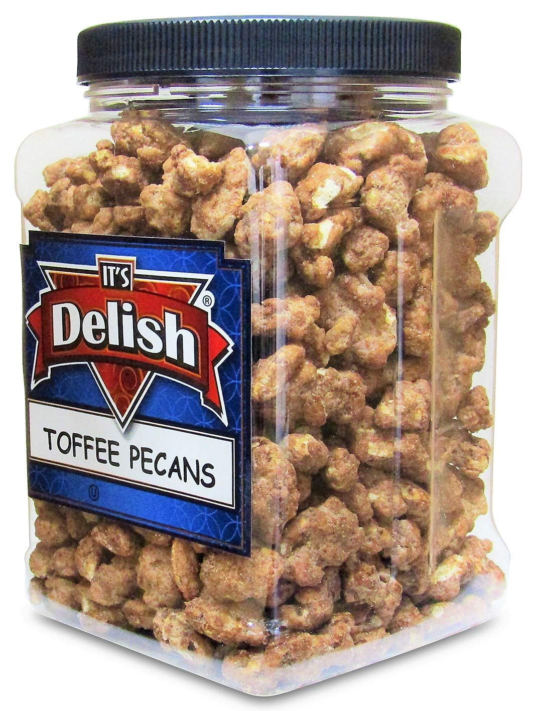 Gourmet Toffee Coated Pecans by Its Delish - 2.2 LBS Jumbo Reusable Container Jar - Sweet Crunchy Caramelized Pecan Nuts Snack