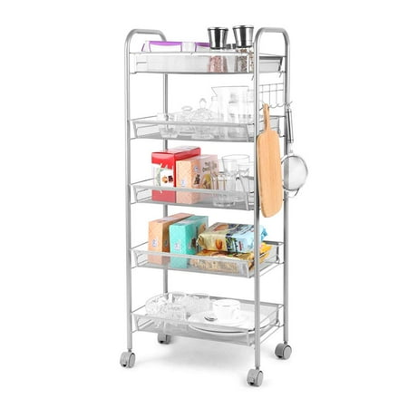 Safco 2 Shelf Utility Cart Cozzine 5-Tier Wire Metal Mesh Shelves, Utility Rolling Cart Trolley with Lockable Wheels, Storage Organizer Easy Moving Cart Shelving Units for Kitchen Bathroom Office (17.32