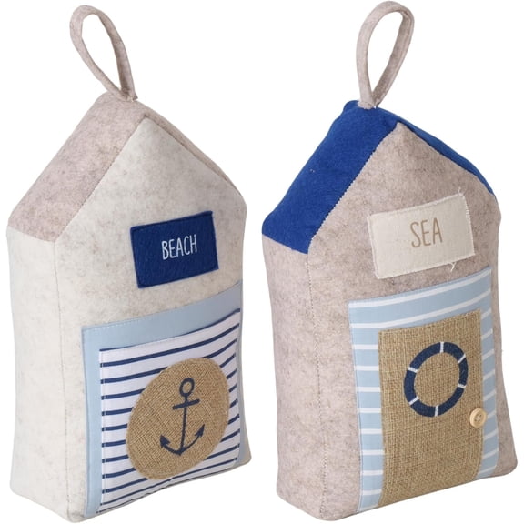 Coastal Cabana Soft Door Stops, Jute, Cotton, Loop Tops, Weighted, 11.75 Inches, House Shaped with Anchor and Lifesaver Fabric Embellishments