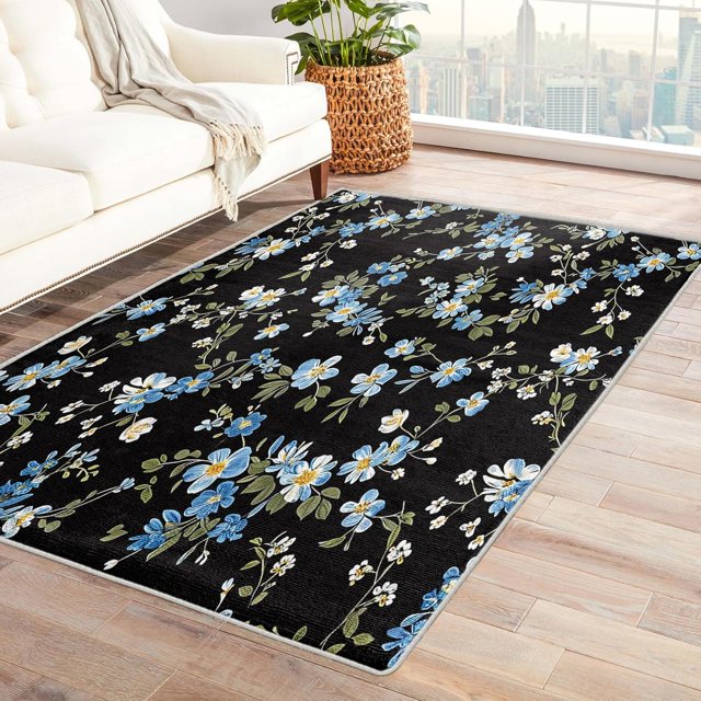 Washable Rugs 4x6 Blue Floral Rug & Home Decor - Living Room Rug, Botanical Rugs for Bedroom, Non Slip Soft Low Pile Large Indoor Area Rug, Spring Flower Carpet & Room Decorations Y-&46