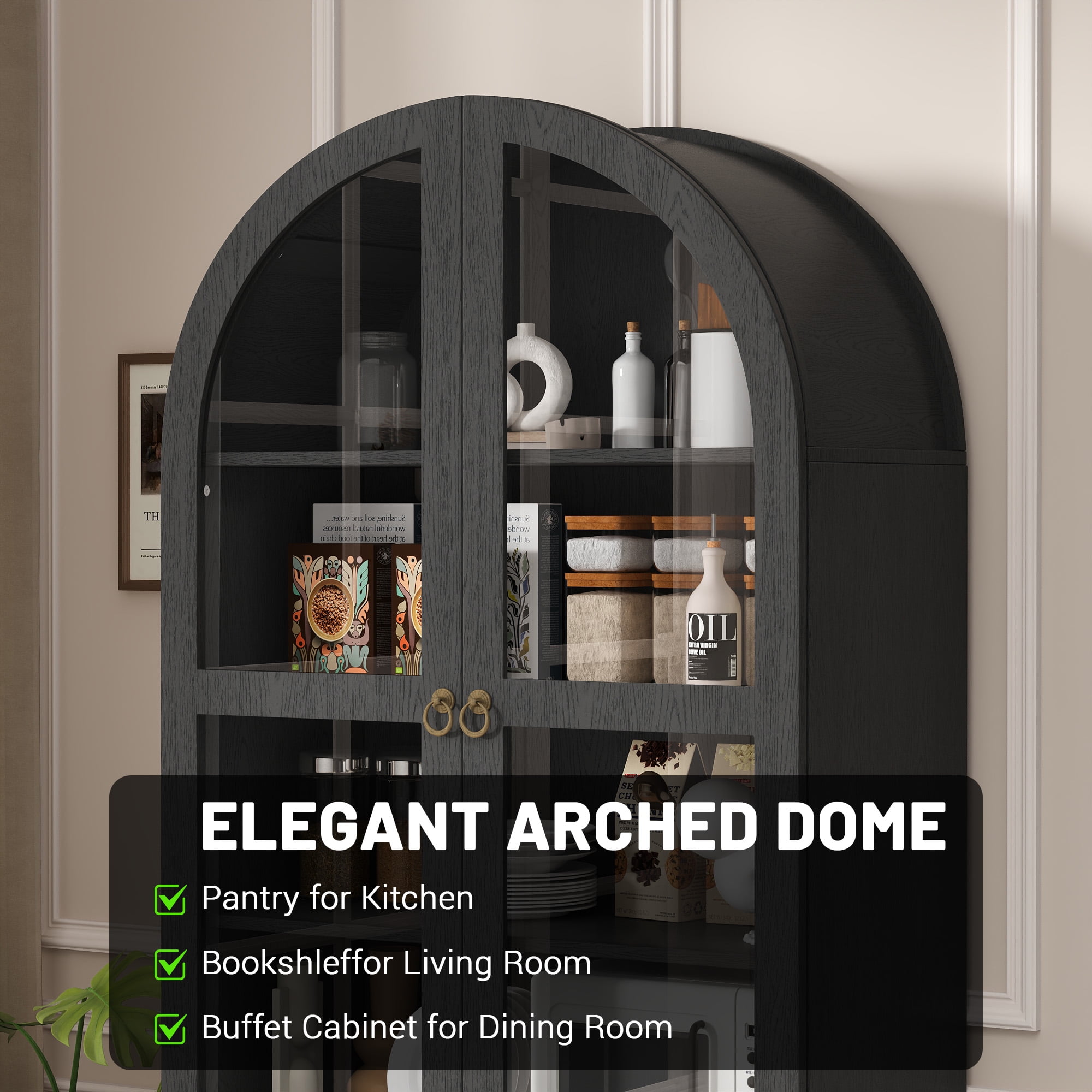 IDEALSOUL Arched Kitchen Pantry Cabinet, 71" Tall Wood Storage Cabinet with 2 Glass Doors, 4 Shelves and 2 Drawers, Food Cabinet for Kitchen, Living Room, Bedroom(Black)