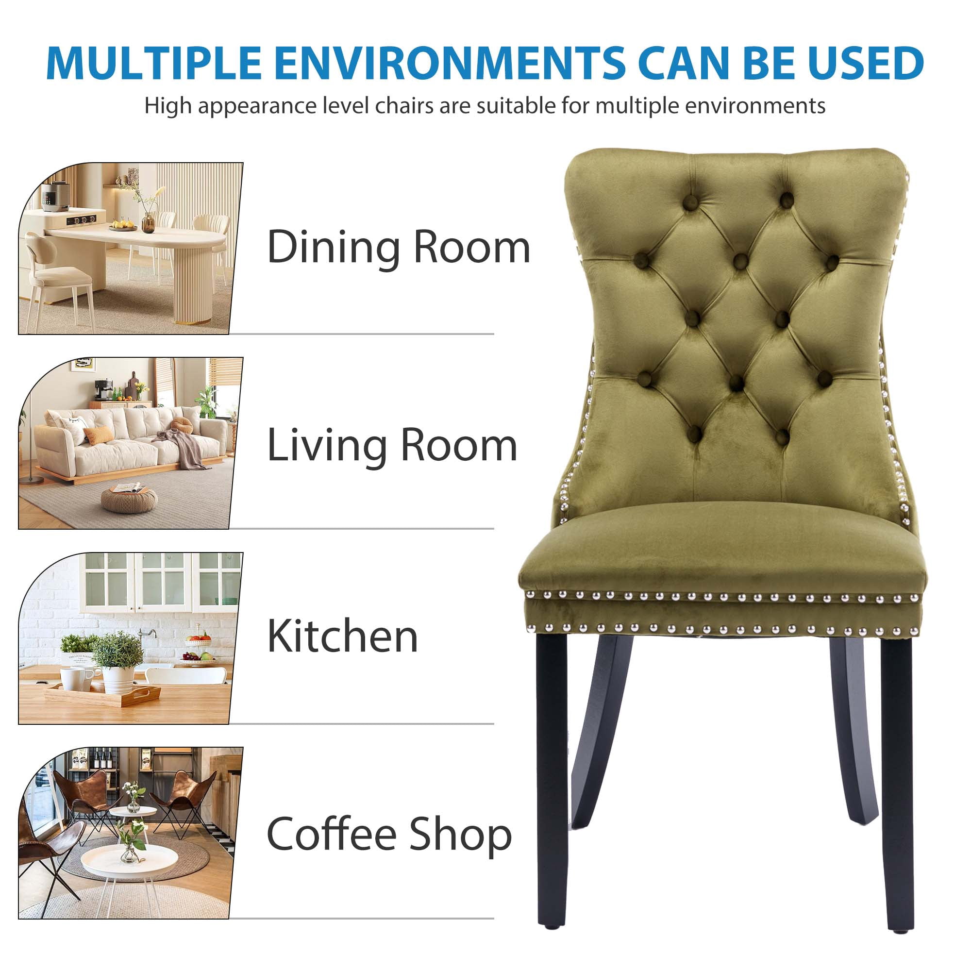 Aukfa High-End Upholstered Dining Chairs Set of 2, Modern Tufted Solid Wood Side Chair with Nailhead Trim - Olive