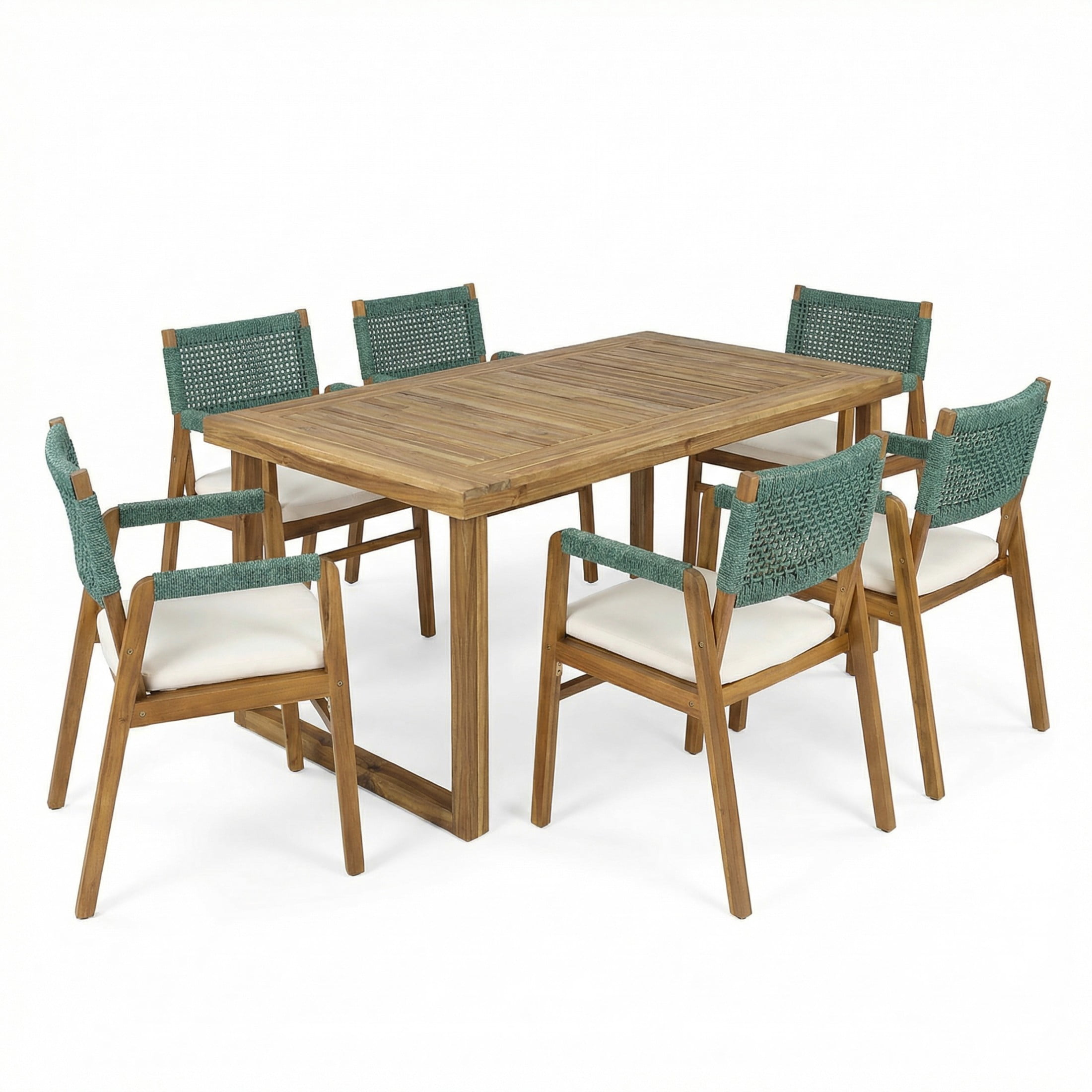 Christopher Knight Home 7-Piece Outdoor Solid Wood Dining Set with 69" Table and Green Rope Armchairs