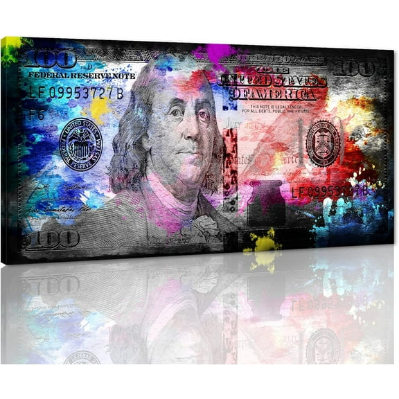 Aaheei Colorful 100 Dollars Bill Wall Art Canvas Panintings Inspirational Wall Art Money Pop Art Entrepreneur Motivational 100 Bill Cash Benjamin Franklin Dollar Office Home Decor