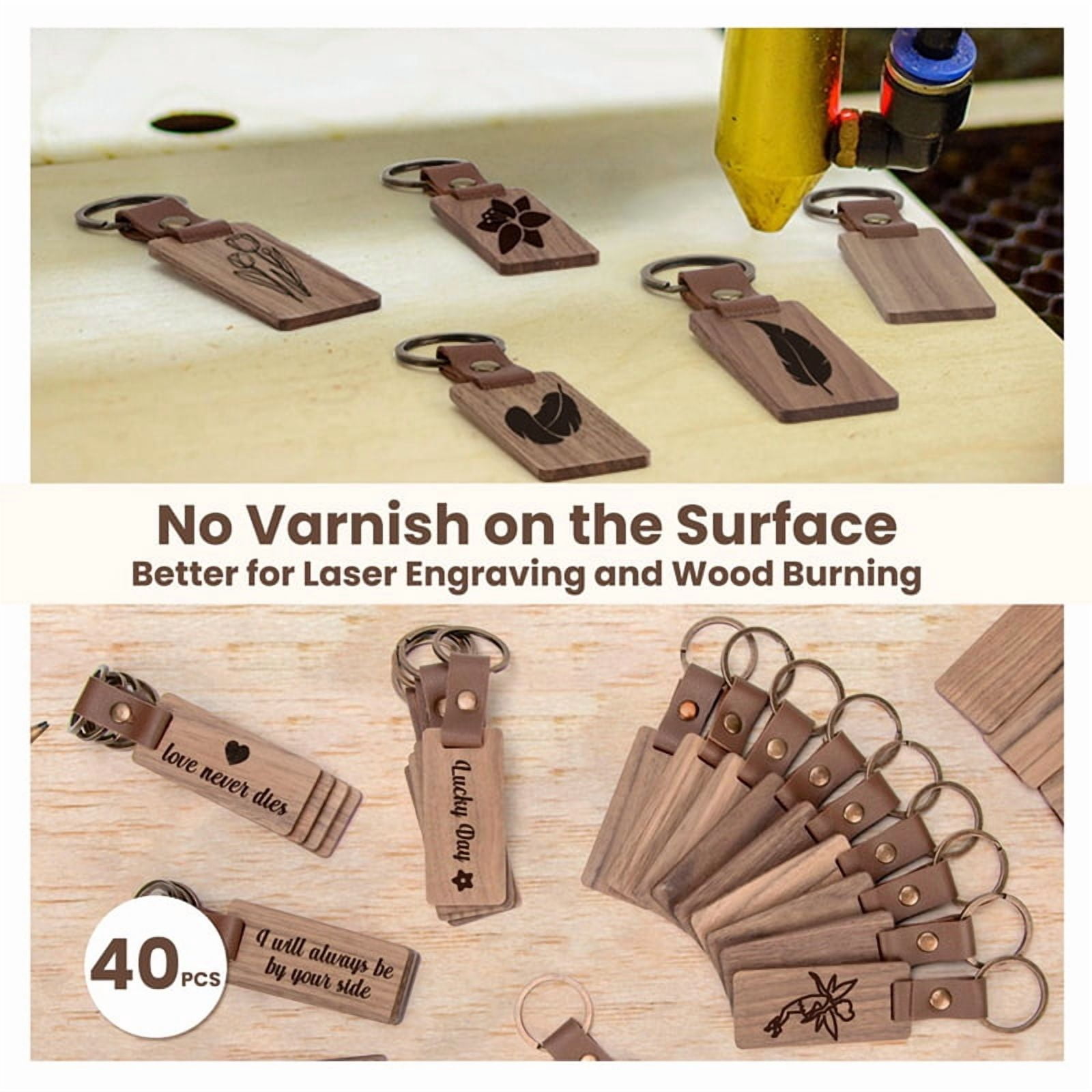 80 Pieces Wood Keychain Blanks with Leather Straps, Blank Leather Keychains for Engraving, for DIY Various Key Tags