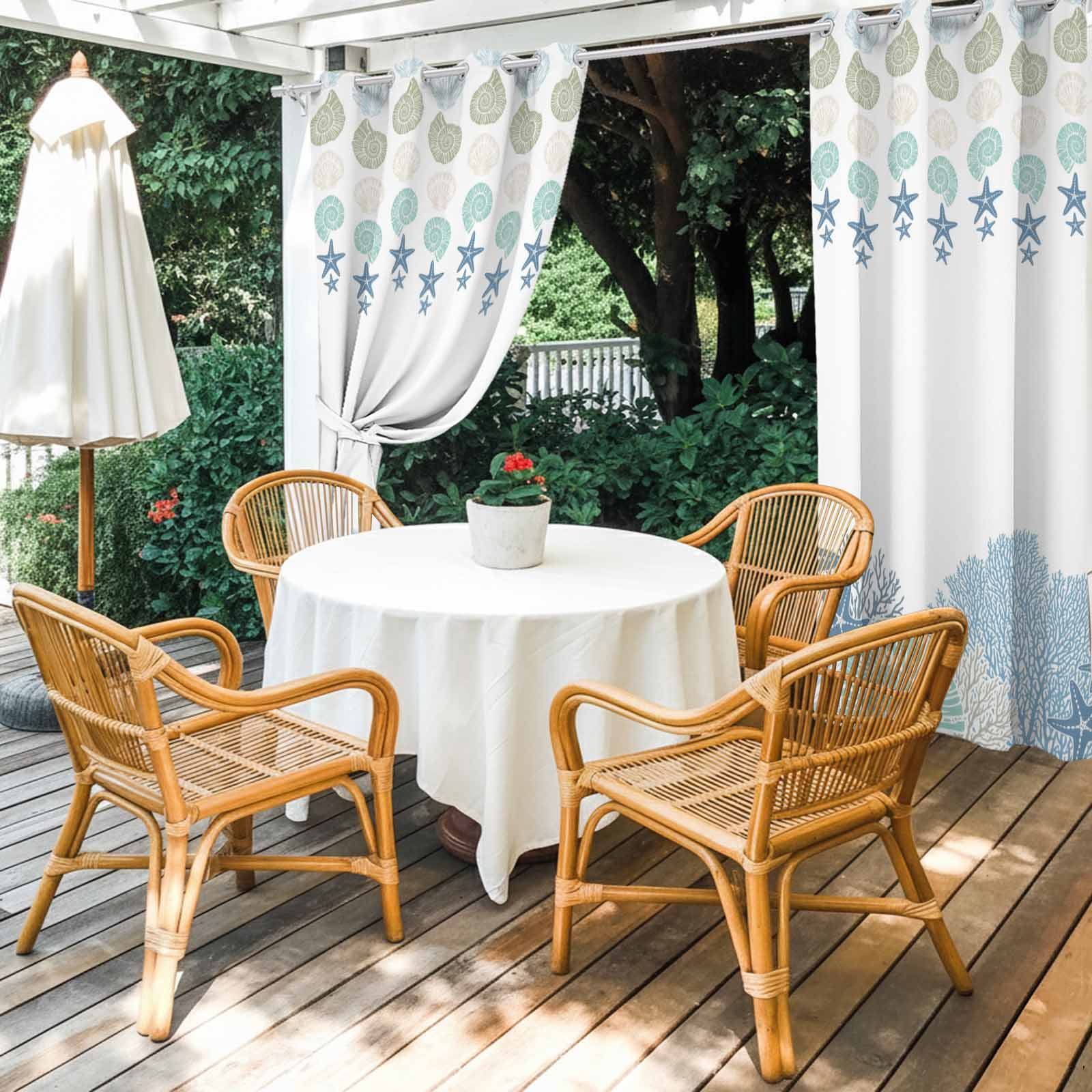 Blue Sea Outdoor Curtains for Patio, Nautical Ocean Watercolor Shells Coral Starfish Sunshade Privacy Drapes Grommet Waterproof Outside Curtains for Porch/Cabana/Balcony 54"x 108", 1 Panel
