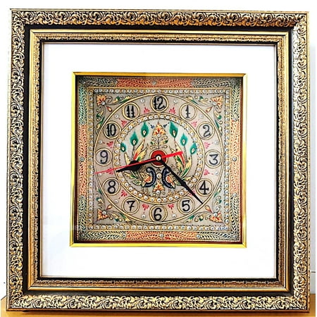 Handmade Marble Peacock Wall Clock, Quartz, Wooden Frame, LED Light Size: 15 X 15 Inches
